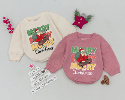 Western Christmas Bubble Romper Festive Merry Santa Skateboard Baby Outfit Newborn Holiday Bodysuit Infant Gift Playful Color Design