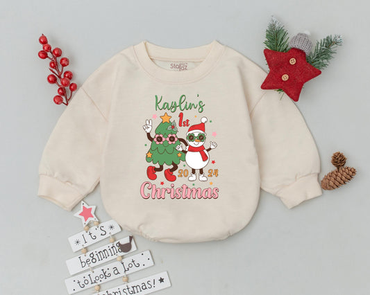 Personalized My First Christmas Romper Vintage Tree Snowman Design Baby Outfit Holiday 2024 Infant Toddler Bodysuit Gift Green Red White