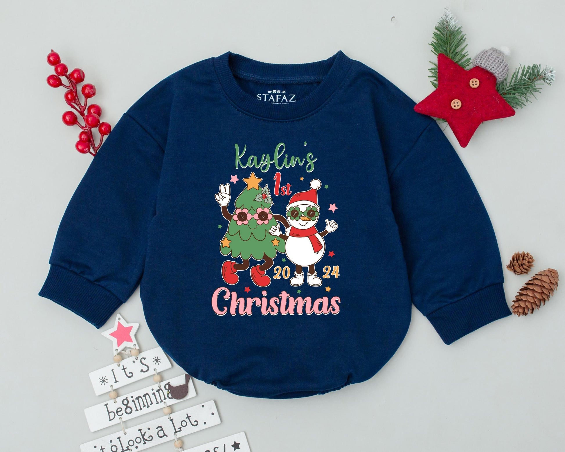 Personalized My First Christmas Romper Vintage Tree Snowman Design Baby Outfit Holiday 2024 Infant Toddler Bodysuit Gift Green Red White