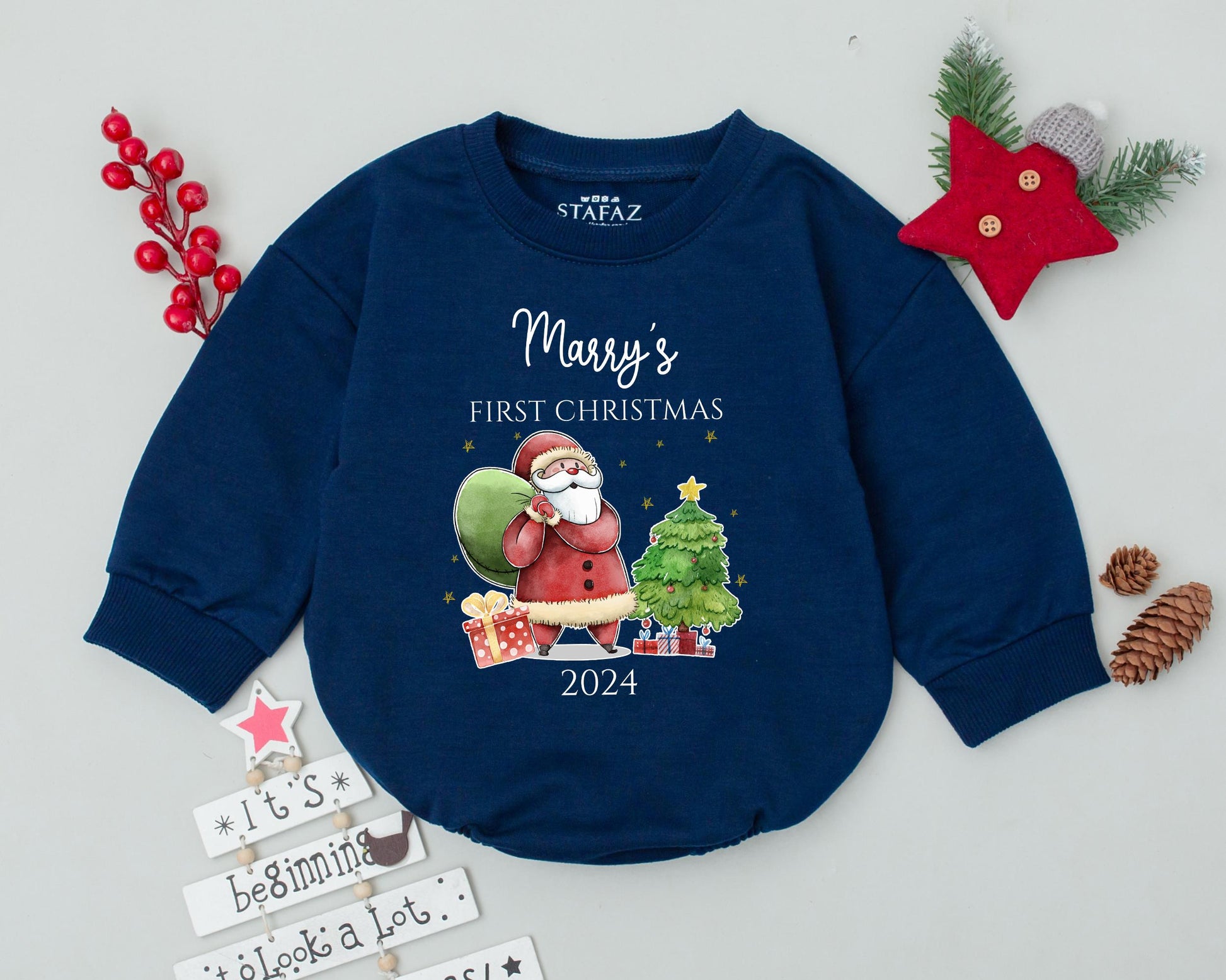 Personalized My First Christmas 2024 Baby Romper Whimsical Santa Tree Gifts Star Design Soft Cotton Toddler Infant Holiday Clothes Red Green Gold