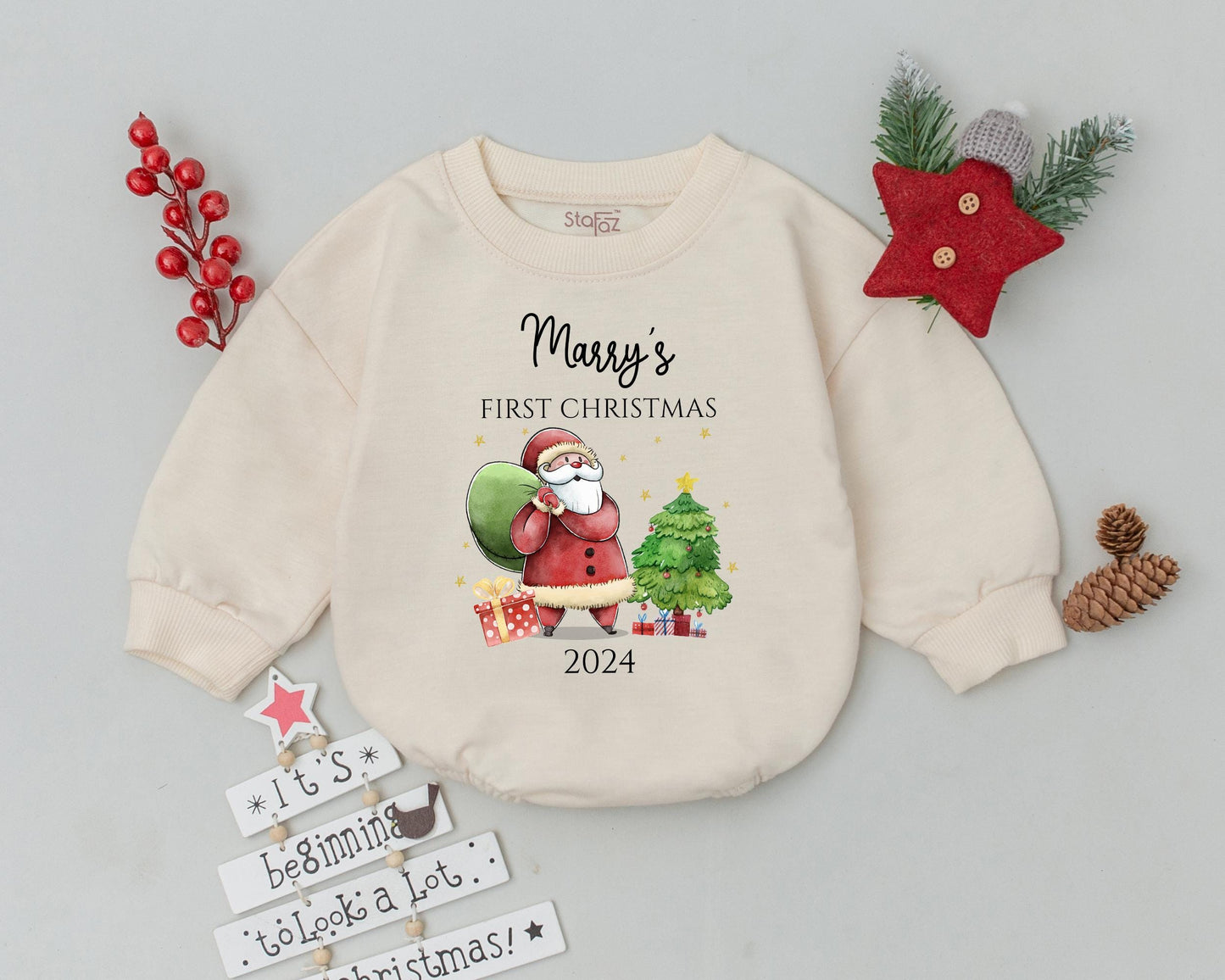 Personalized My First Christmas 2024 Baby Romper Whimsical Santa Tree Gifts Star Design Soft Cotton Toddler Infant Holiday Clothes Red Green Gold