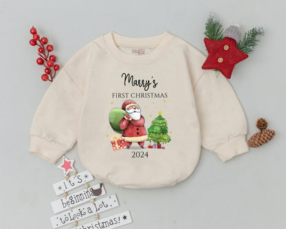 Personalized My First Christmas 2024 Baby Romper Whimsical Santa Tree Gifts Star Design Soft Cotton Toddler Infant Holiday Clothes Red Green Gold