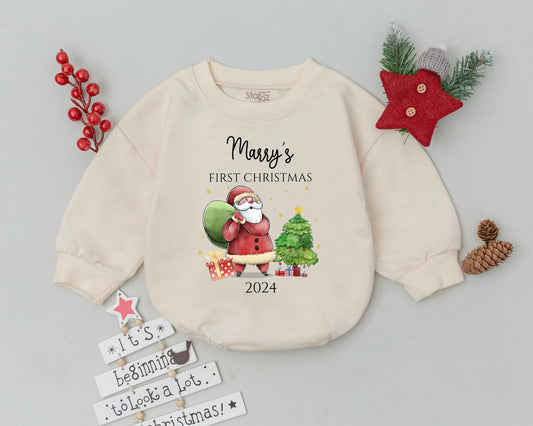 Personalized My First Christmas 2024 Baby Romper Whimsical Santa Tree Gifts Star Design Soft Cotton Toddler Infant Holiday Clothes Red Green Gold