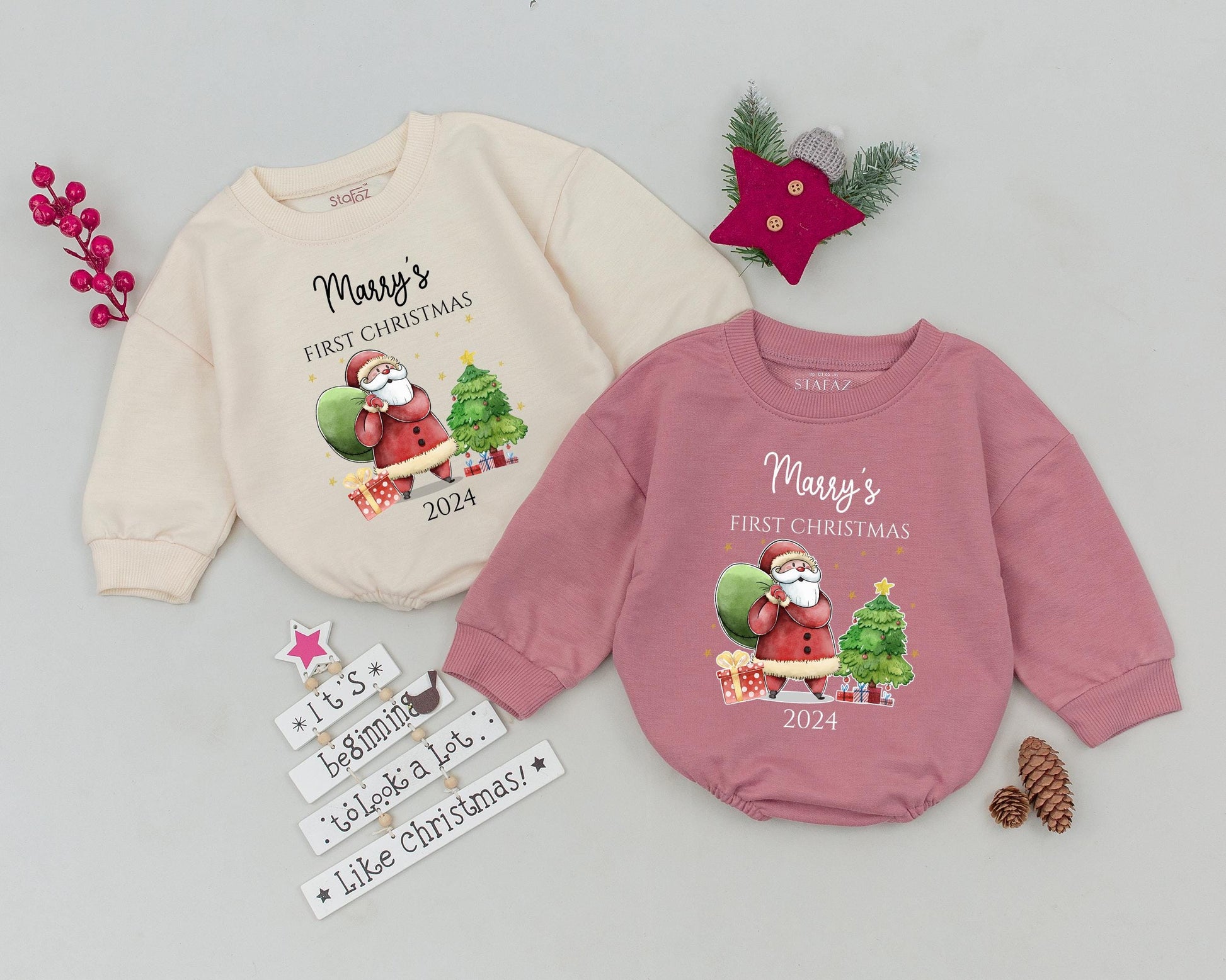Personalized My First Christmas 2024 Baby Romper Whimsical Santa Tree Gifts Star Design Soft Cotton Toddler Infant Holiday Clothes Red Green Gold