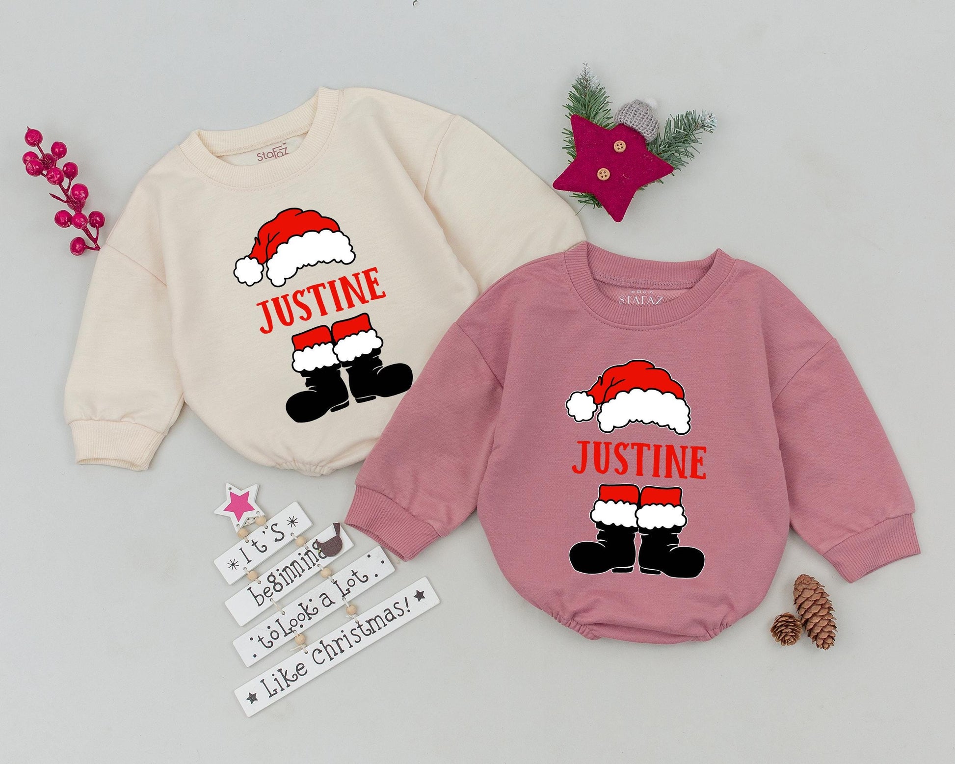 Personalized Cartoon Santa Suit Christmas Baby Romper First Christmas Bodysuit Custom Name Festive Holiday Infant Toddler Outfit Red White Black