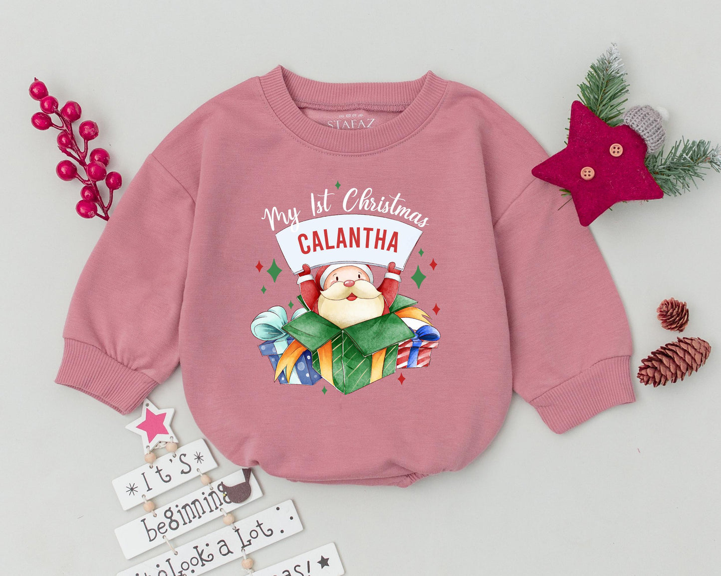 Personalized My First Christmas Baby Romper Outfit Festive Santa Present Design Infant Toddler with Child's Name Holiday Bodysuit Sweatshirt