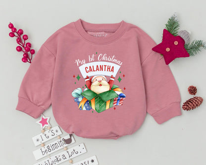 Personalized My First Christmas Baby Romper Outfit Festive Santa Present Design Infant Toddler with Child's Name Holiday Bodysuit Sweatshirt
