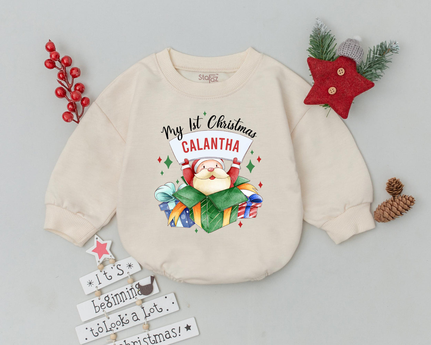 Personalized My First Christmas Baby Romper Outfit Festive Santa Present Design Infant Toddler with Child's Name Holiday Bodysuit Sweatshirt