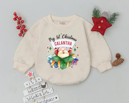 Personalized My First Christmas Baby Romper Outfit Festive Santa Present Design Infant Toddler with Child's Name Holiday Bodysuit Sweatshirt