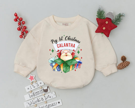Personalized My First Christmas Baby Romper Outfit Festive Santa Present Design Infant Toddler with Child's Name Holiday Bodysuit Sweatshirt