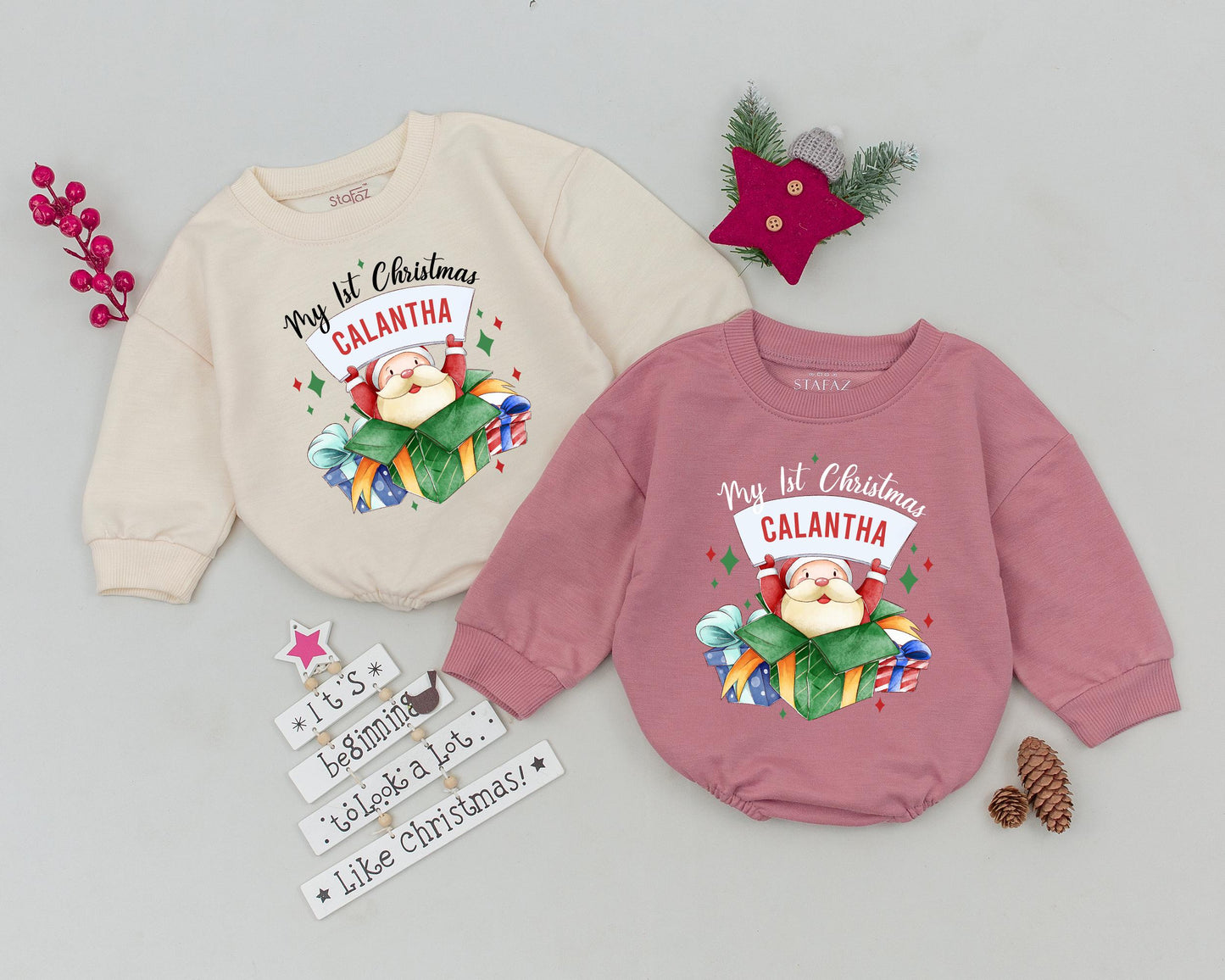 Personalized My First Christmas Baby Romper Outfit Festive Santa Present Design Infant Toddler with Child's Name Holiday Bodysuit Sweatshirt