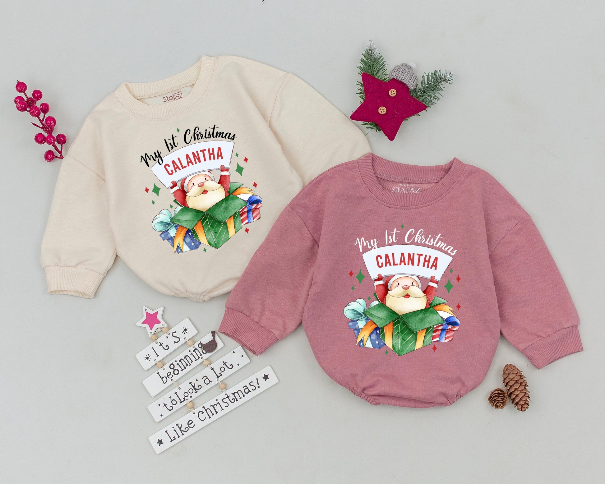 Personalized My First Christmas Baby Romper Outfit Festive Santa Present Design Infant Toddler with Child's Name Holiday Bodysuit Sweatshirt
