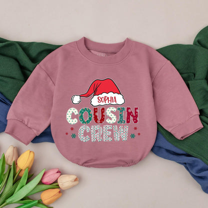 Personalized Cousin Crew Christmas Romper with Festive Santa Hat Design New Baby Shower Gift First Christmas Bubble Outfit for Girls Boys