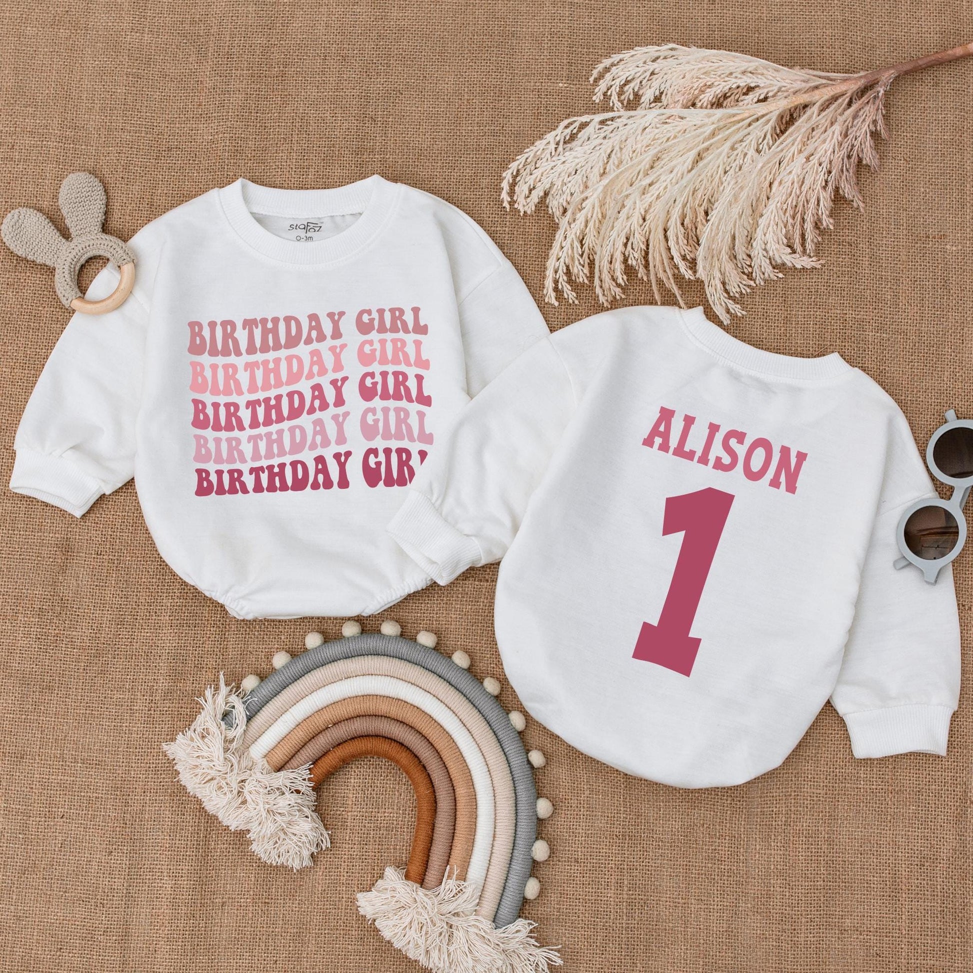 Personalized Birthday Girl Romper: Retro 1st Birthday Outfit, Alison's First Birthday Long Sleeve Bubble Romper, Pink Birthday Romper, Party Outfit (Custom Name)