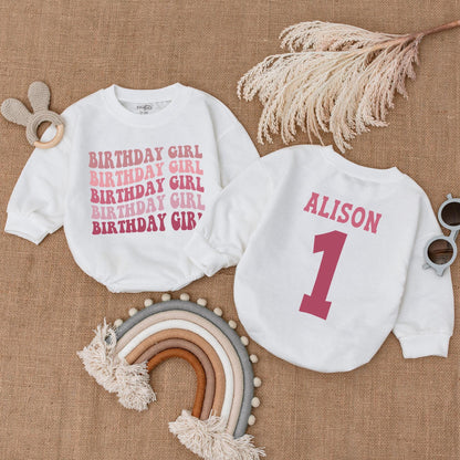 Personalized Birthday Girl Romper: Retro 1st Birthday Outfit, Alison's First Birthday Long Sleeve Bubble Romper, Pink Birthday Romper, Party Outfit (Custom Name)