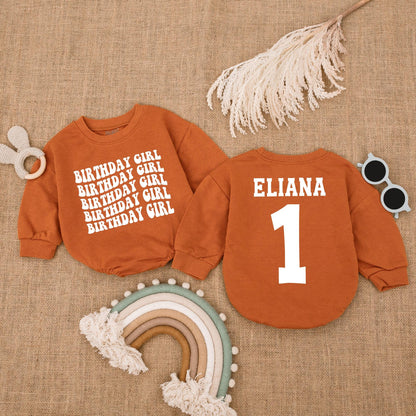 Personalized Birthday Girl Romper: Retro 1st Birthday Outfit, Alison's First Birthday Long Sleeve Bubble Romper, Pink Birthday Romper, Party Outfit (Custom Name)