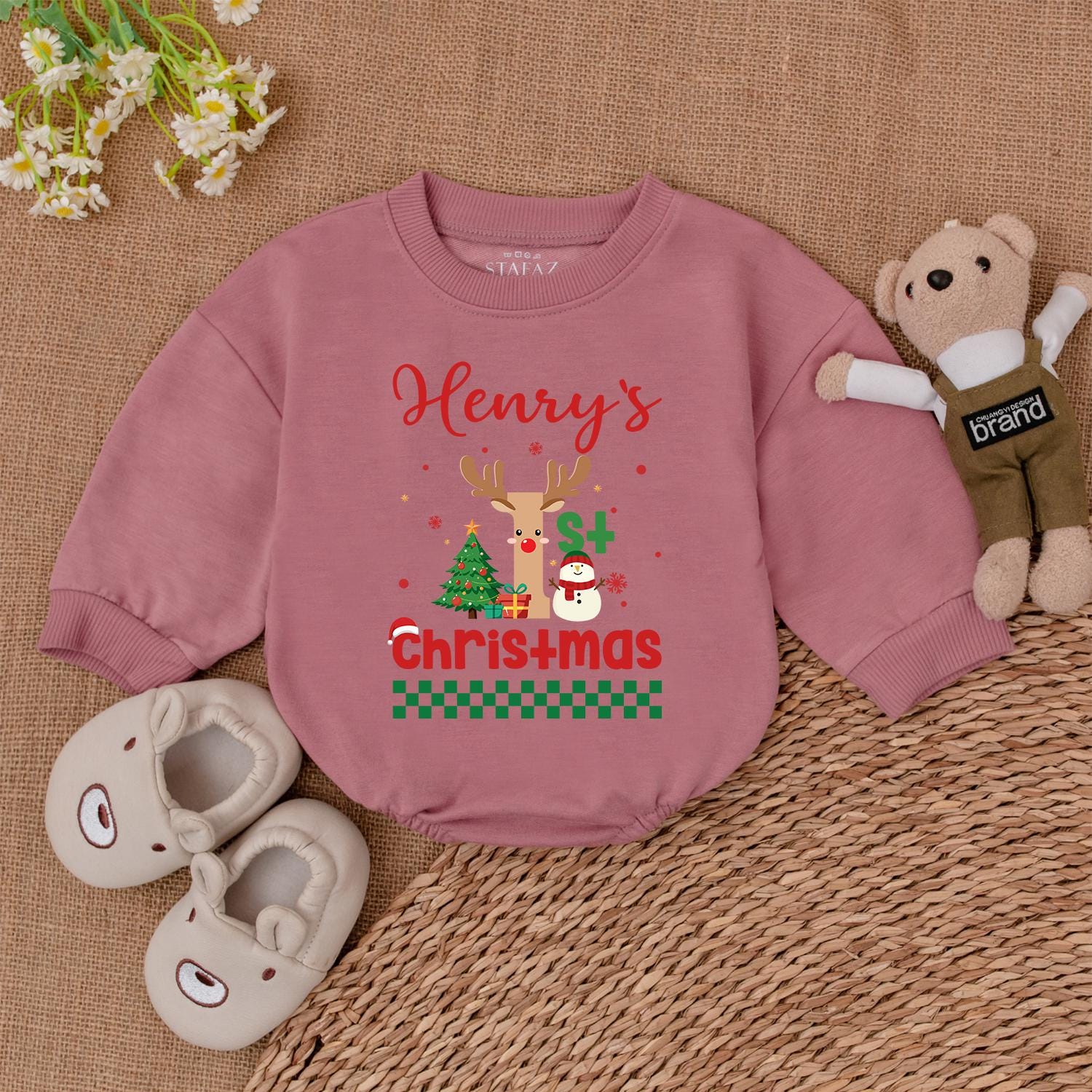 Baby's 1st Christmas Romper - Cute Retro Santa & Reindeer Outfit  