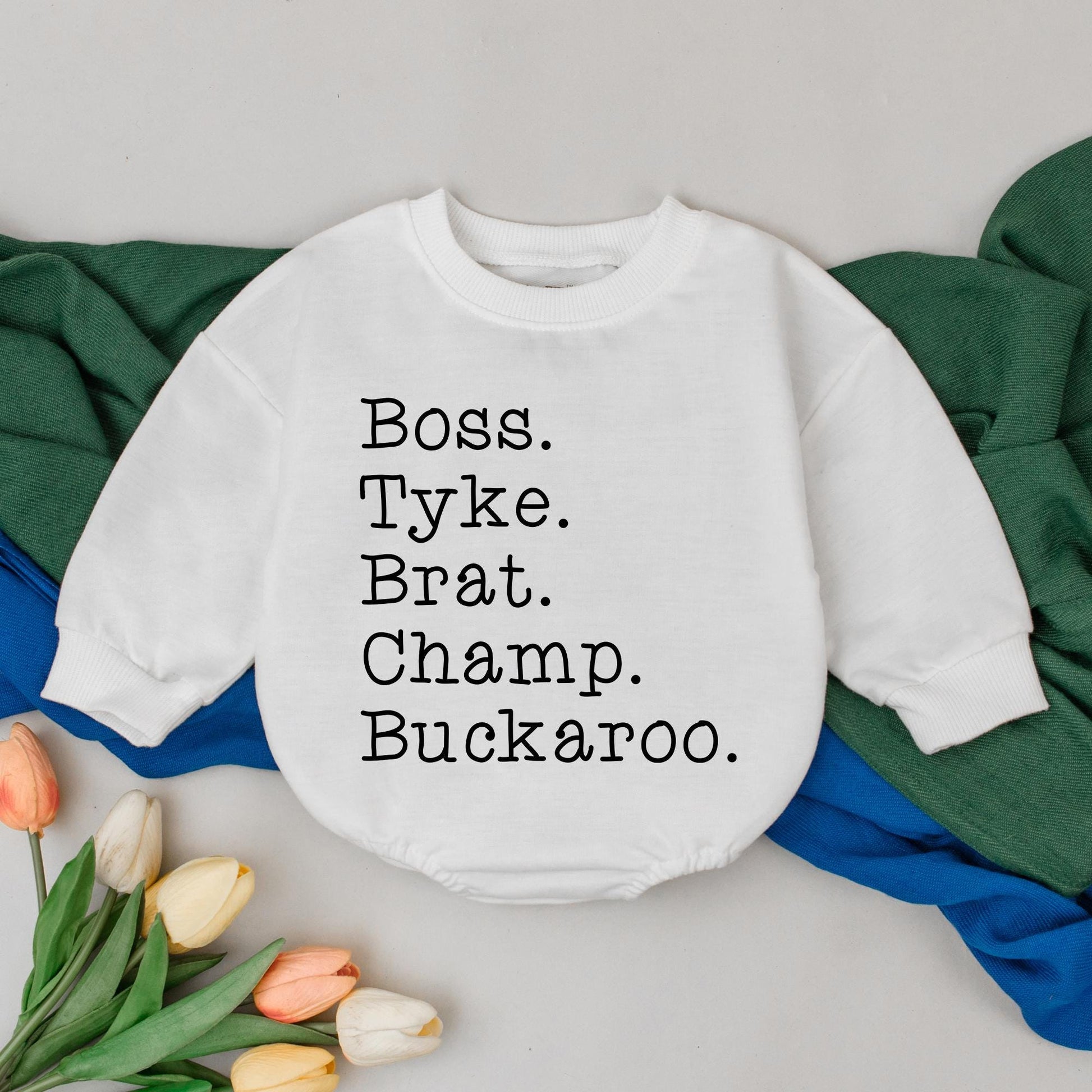 Personalized Nickname Baby Romper with Boss Tyke Brat Champ Buckaroo Black Text Design Long Sleeve Bodysuit Newborn Girls Boys Baby Shower Gift Going Home Outfit