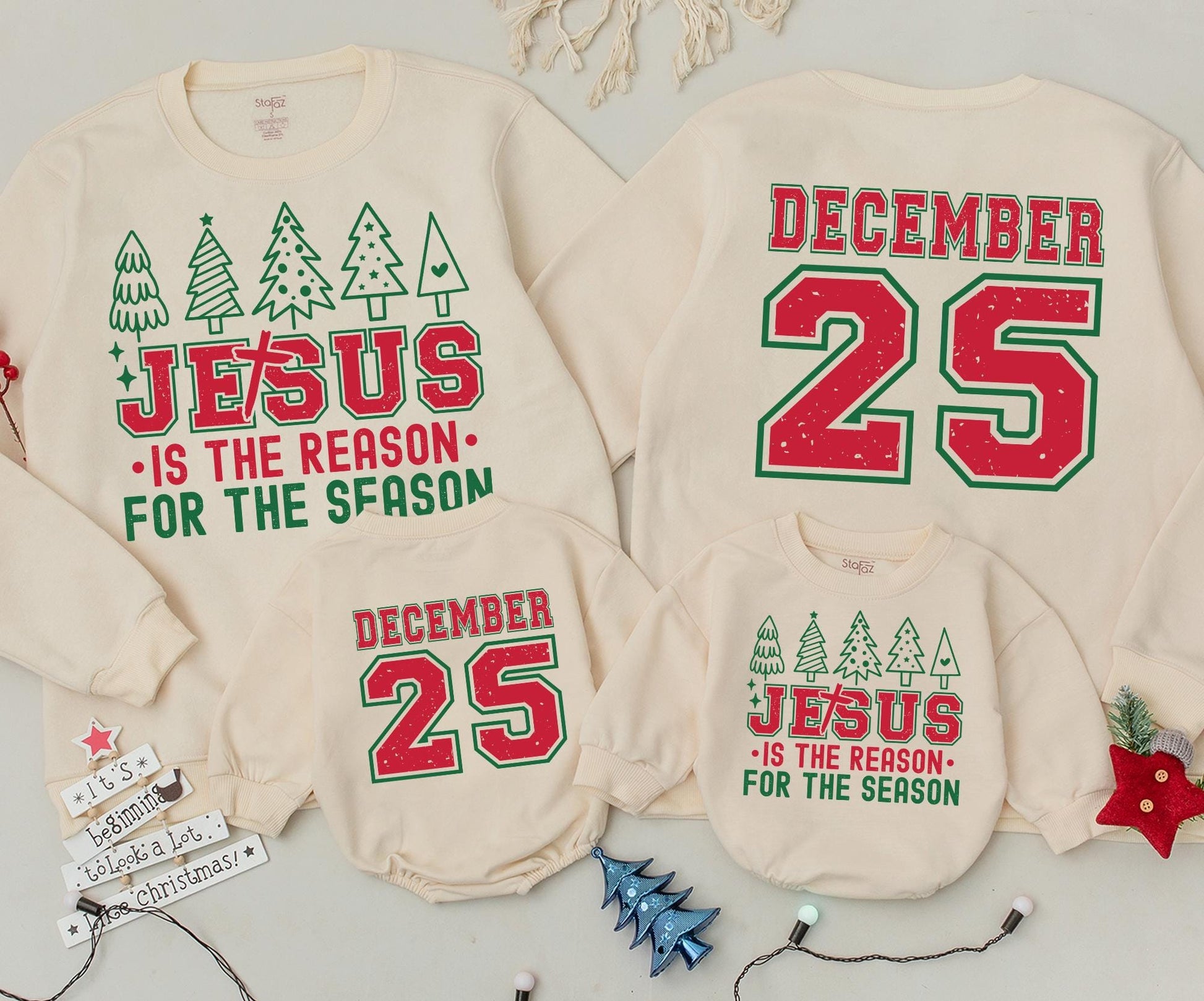 Vintage December 25th Sweatshirt, Retro Holiday Toddler Outfit: Jesus Is The Reason Romper, Distressed Varsity Graphic Xmas Baby Gift Set (138 chars)