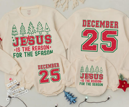 Vintage December 25th Sweatshirt, Retro Holiday Toddler Outfit: Jesus Is The Reason Romper, Distressed Varsity Graphic Xmas Baby Gift Set (138 chars)