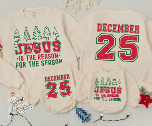 Vintage December 25th Sweatshirt, Retro Holiday Toddler Outfit: Jesus Is The Reason Romper, Distressed Varsity Graphic Xmas Baby Gift Set (138 chars)
