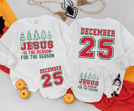 Vintage December 25th Sweatshirt, Retro Holiday Toddler Outfit: Jesus Is The Reason Romper, Distressed Varsity Graphic Xmas Baby Gift Set (138 chars)