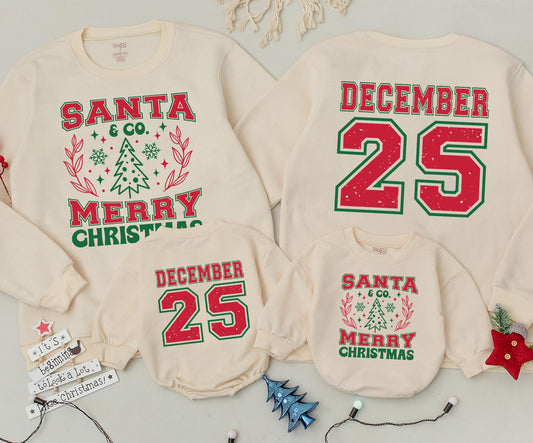 Vintage Santa & Co. Christmas Baby Romper Outfit, Distressed December 25 Toddler Sweatshirt Set, Retro Xmas Newborn Clothing Holiday Gift 138