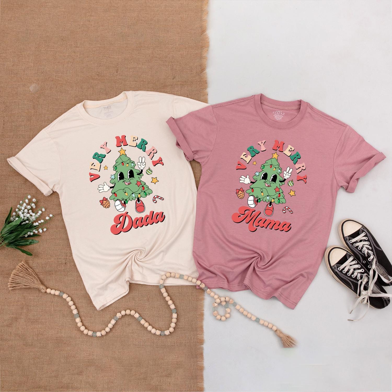 Very Merry Retro Christmas Tree Family Matching Outfits Mama Mini Brother and Dada T-Shirts Cute Baby Shower Gift