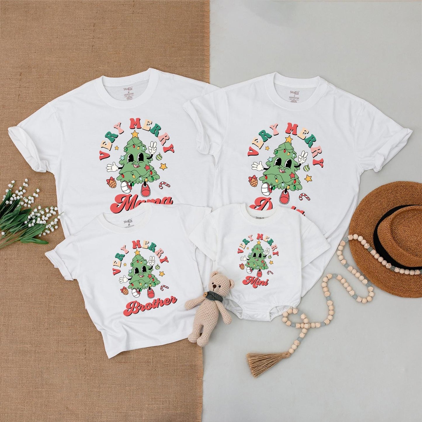 Very Merry Retro Christmas Tree Family Matching Outfits Mama Mini Brother and Dada T-Shirts Cute Baby Shower Gift
