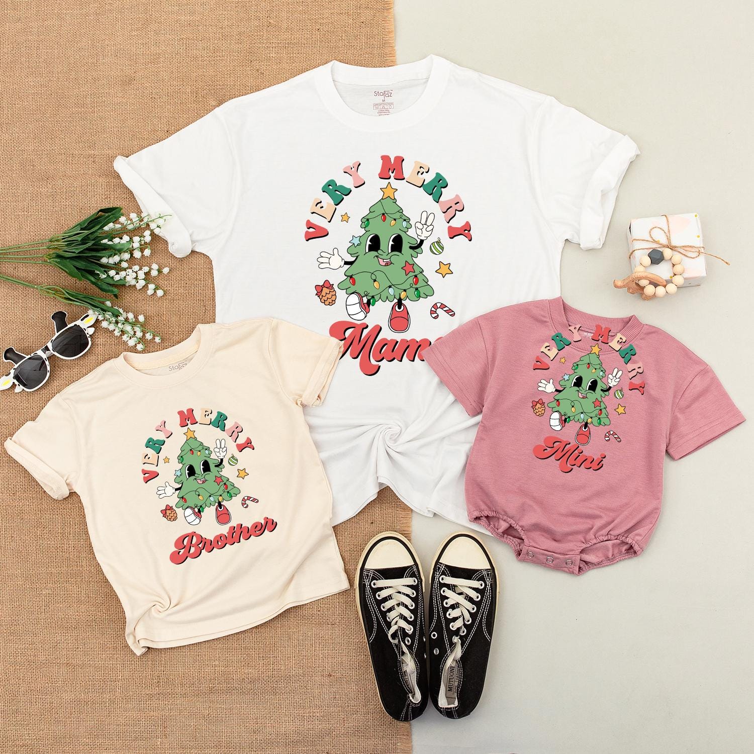 Very Merry Retro Christmas Tree Family Matching Outfits Mama Mini Brother and Dada T-Shirts Cute Baby Shower Gift