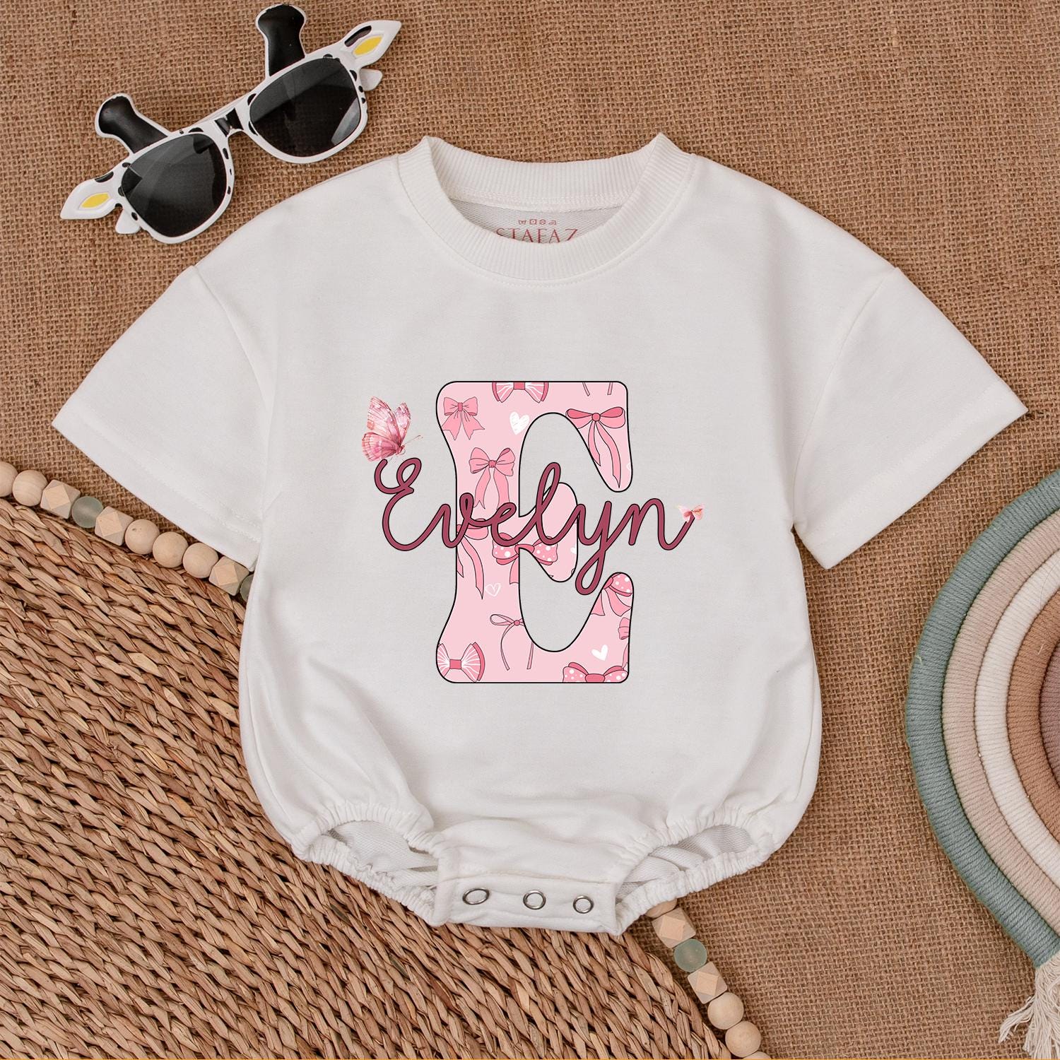 Custom Baby Romper - Girls Personalized Outfit with Pink Bow Letter