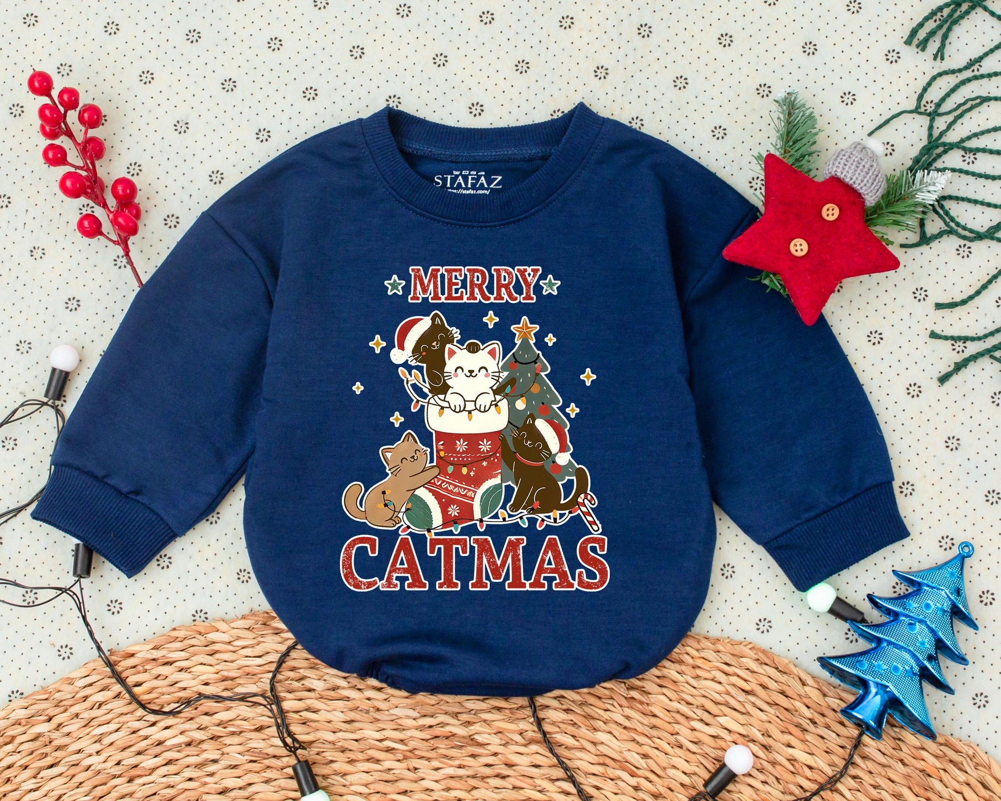 Vintage Cat Christmas Romper: Infant First Holiday Outfit Gift