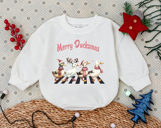 Vintage Pink Christmas Romper, Baby Girl's Holiday Outfit, Duckmas Joy