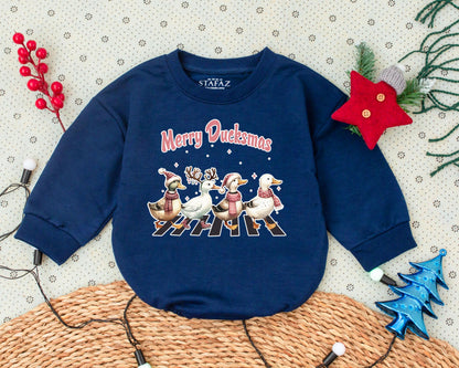 Vintage Pink Christmas Romper, Baby Girl's Holiday Outfit, Duckmas Joy
