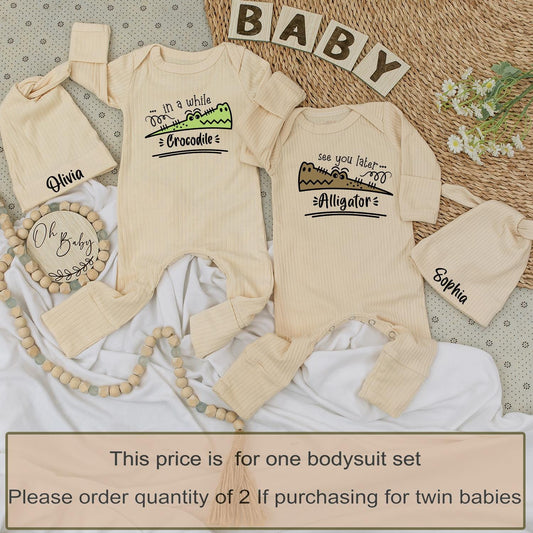 See You Later Alligator Crocodile Twin Baby Bodysuit Hat Set Newborn Gift Cute Cartoon Outfit