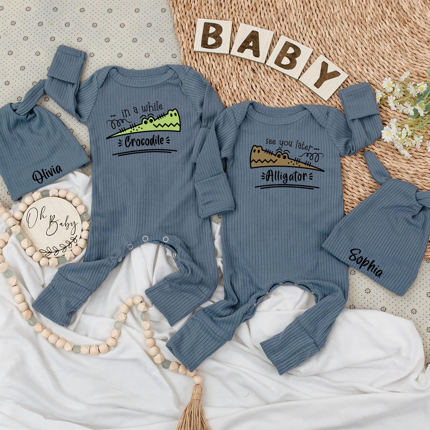 See You Later Alligator Crocodile Twin Baby Bodysuit Hat Set Newborn Gift Cute Cartoon Outfit
