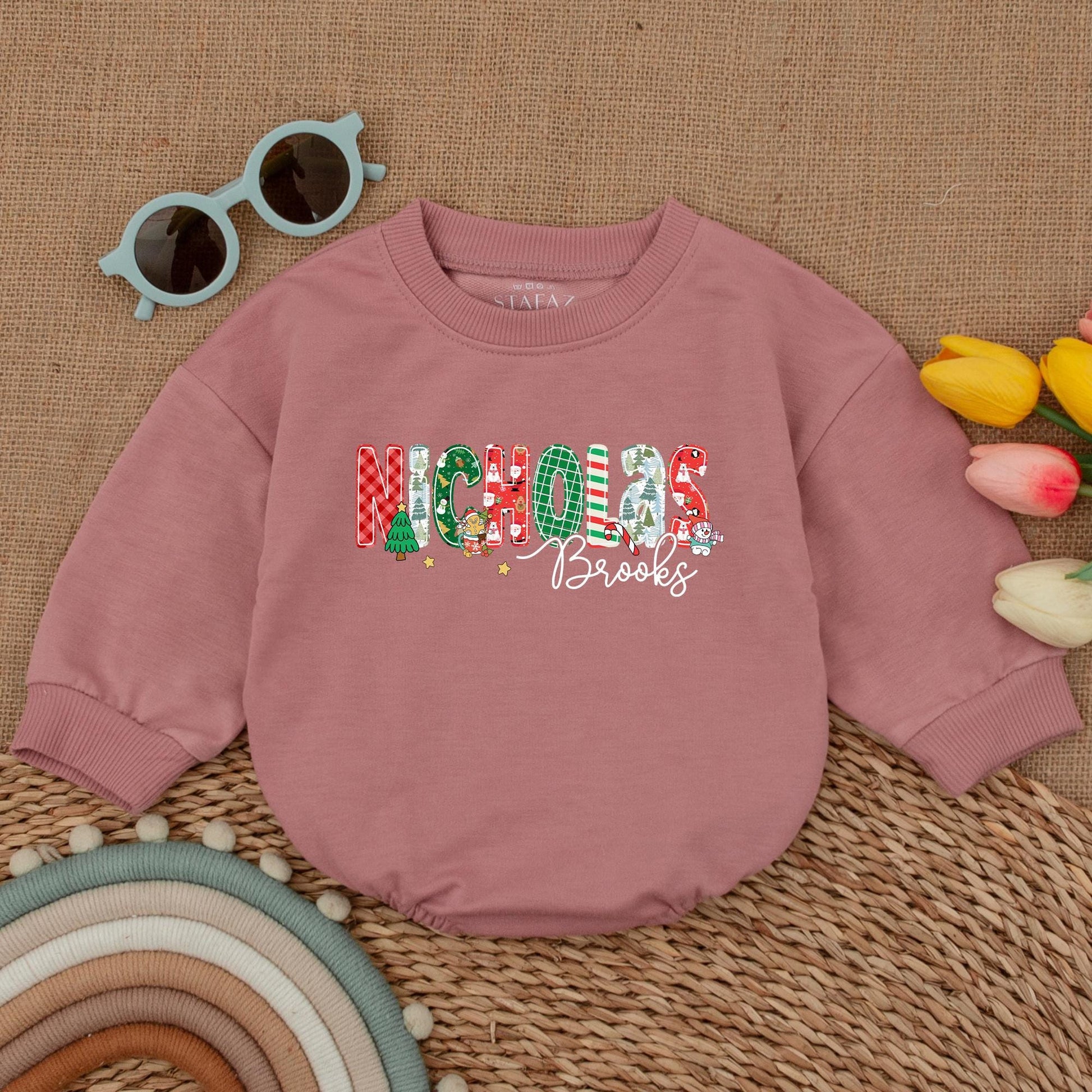 Personalized Nicholas Brooks Baby Romper, Festive Christmas Outfit, First Christmas Bodysuit, Holiday Baby Boy Clothes, Cheerful Toddler Romper 138