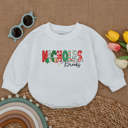 Personalized Nicholas Brooks Baby Romper, Festive Christmas Outfit, First Christmas Bodysuit, Holiday Baby Boy Clothes, Cheerful Toddler Romper 138