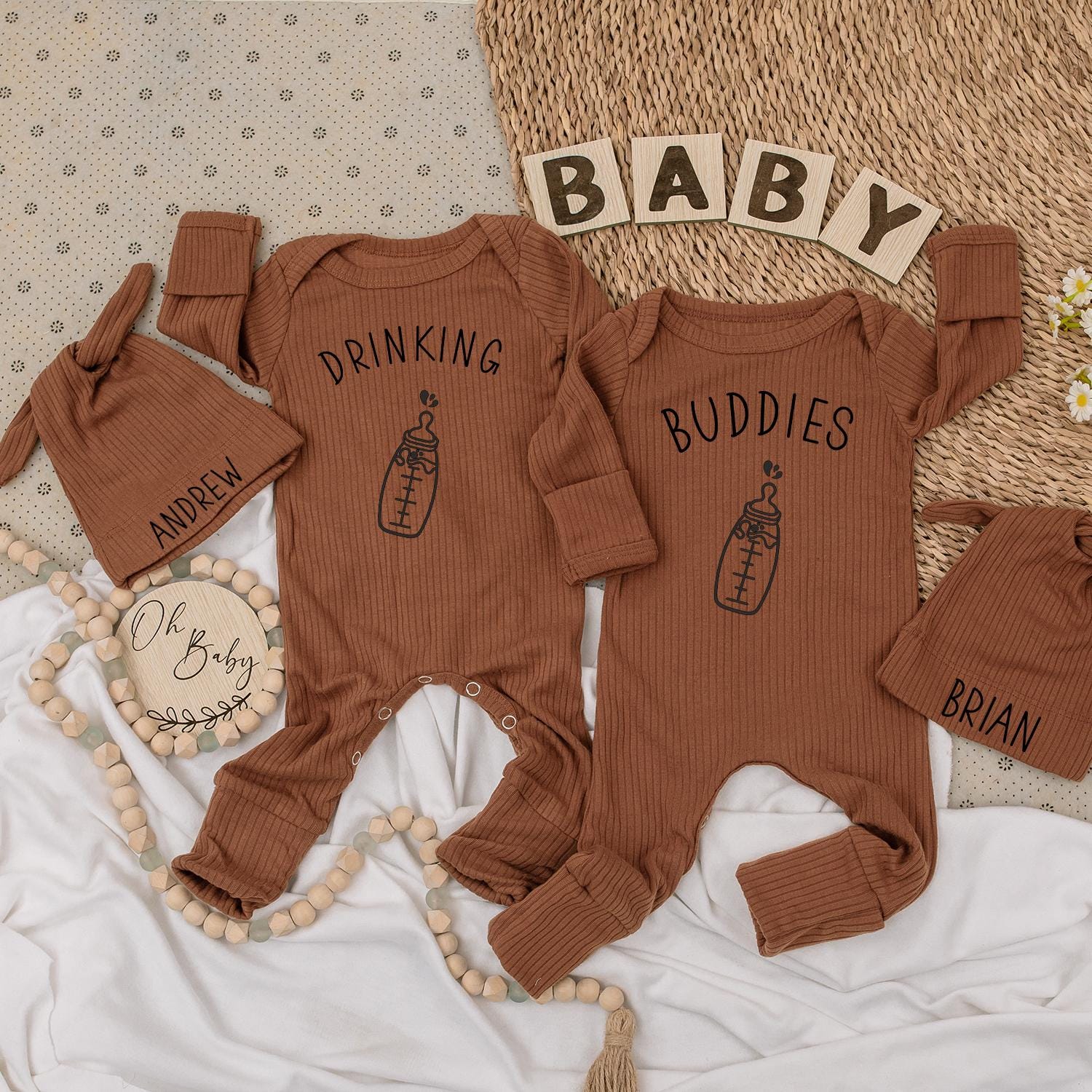 Drinking Buddies Personalized Twin Baby Bodysuit Hat Set Minimalist Bottle Design Cute Newborn Boy Girl Gift for Twins