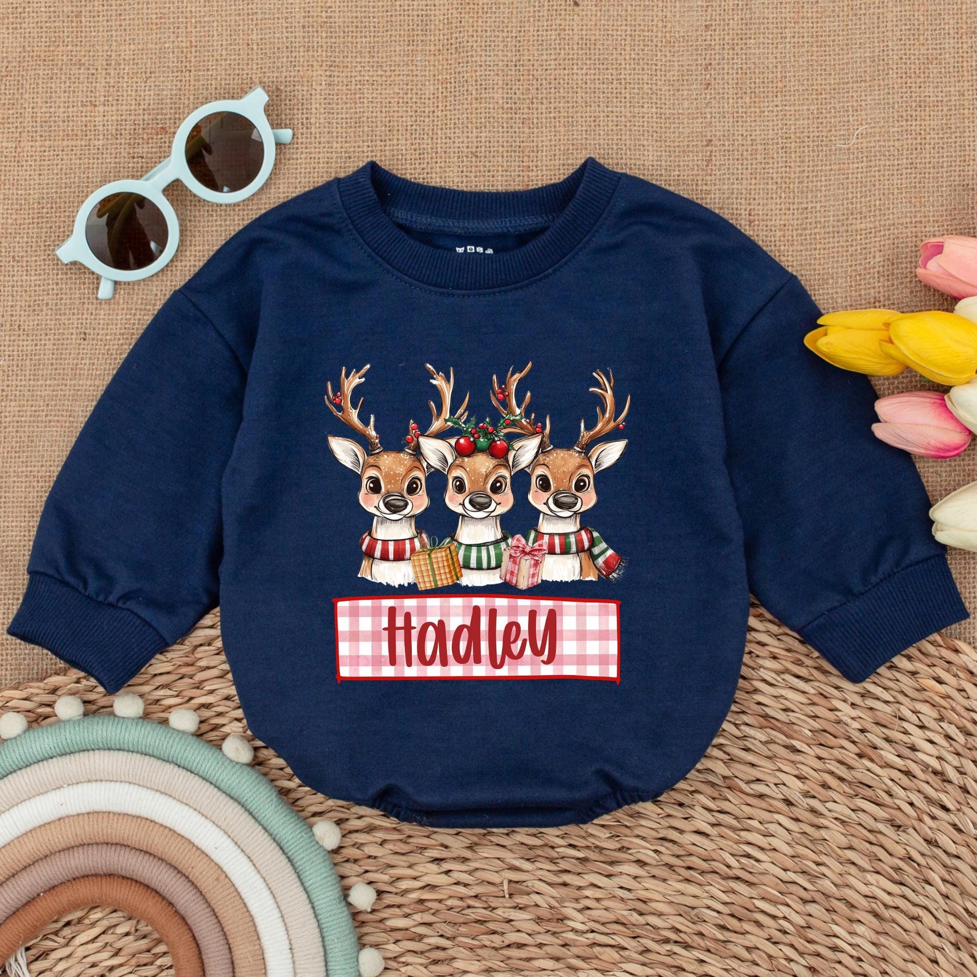 Custom Reindeer Baby Romper - Cute Winter Outfit for First Christmas
