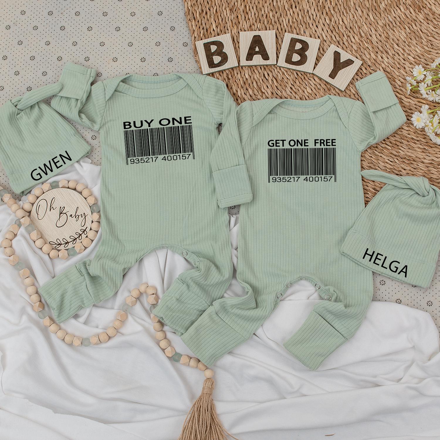 Buy One Get One Twin Baby Bodysuit and Hat Set Cute Best Friend Newborn Twin Gift Gwen Helga Barcode Humor