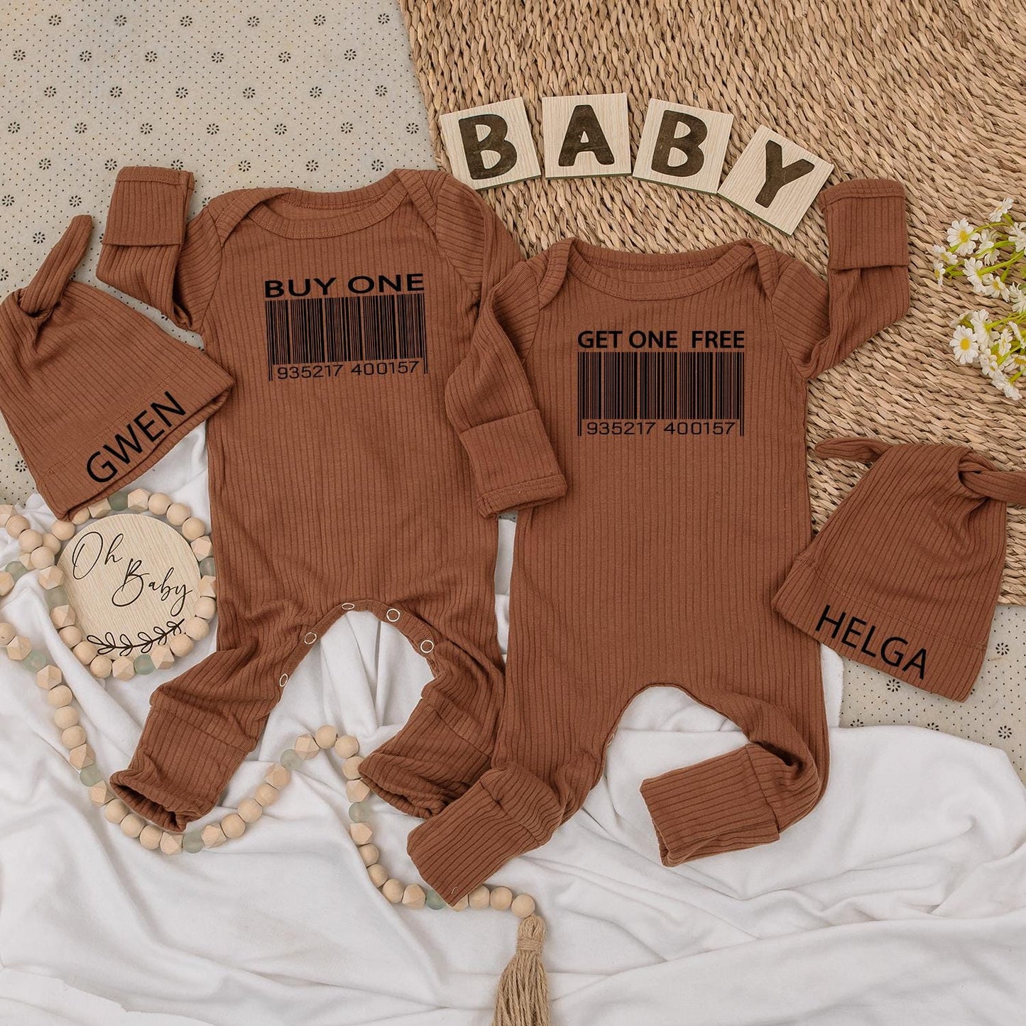 Buy One Get One Twin Baby Bodysuit and Hat Set Cute Best Friend Newborn Twin Gift Gwen Helga Barcode Humor