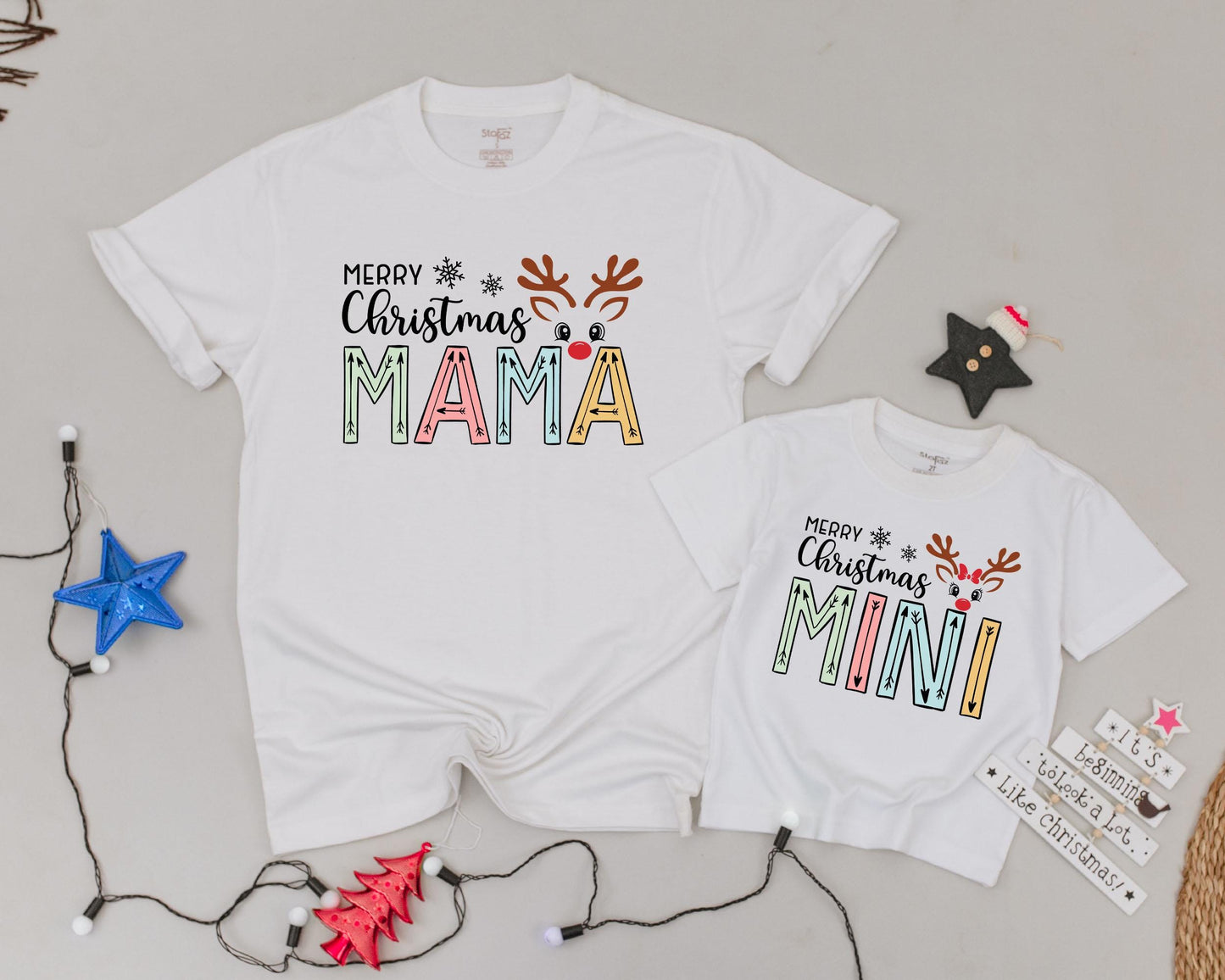 Matching Mama and Mini Reindeer Shirts, Vintage Christmas Pajamas