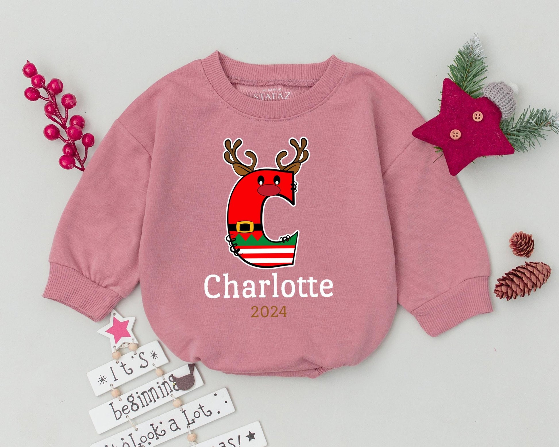 Personalized Reindeer Romper, Christmas Outfit for Babies & Newborns