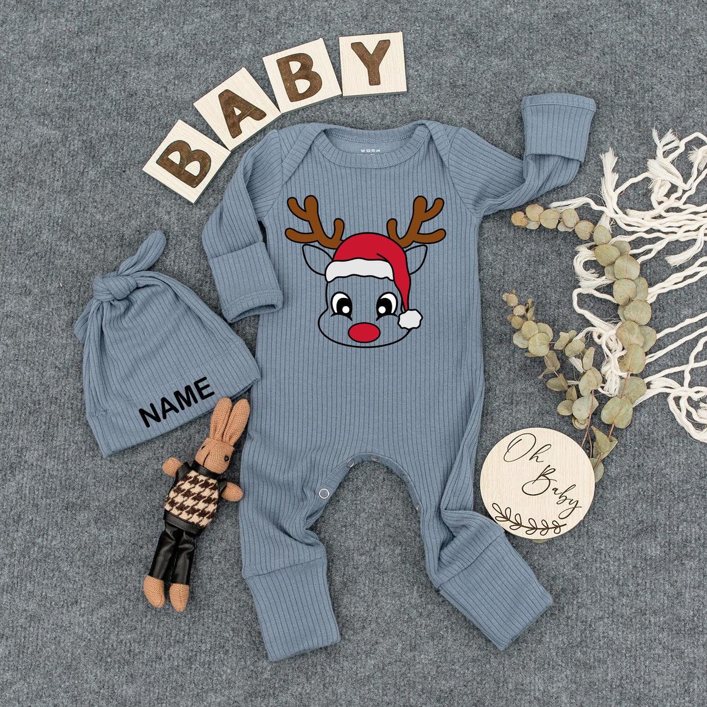 Customizable Reindeer Baby Bodysuit and Hat Cute Cartoon Santa Hat with Name Baby Christmas Outfit Shower Gift