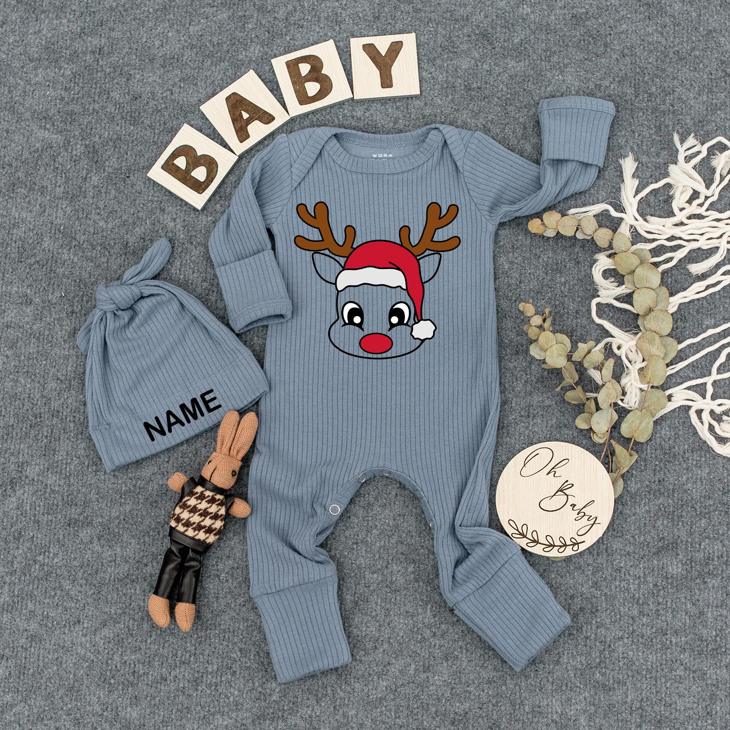 Customizable Reindeer Baby Bodysuit and Hat Cute Cartoon Santa Hat with Name Baby Christmas Outfit Shower Gift