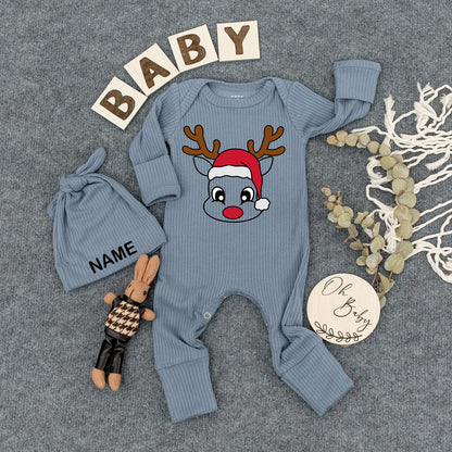 Customizable Reindeer Baby Bodysuit and Hat Cute Cartoon Santa Hat with Name Baby Christmas Outfit Shower Gift