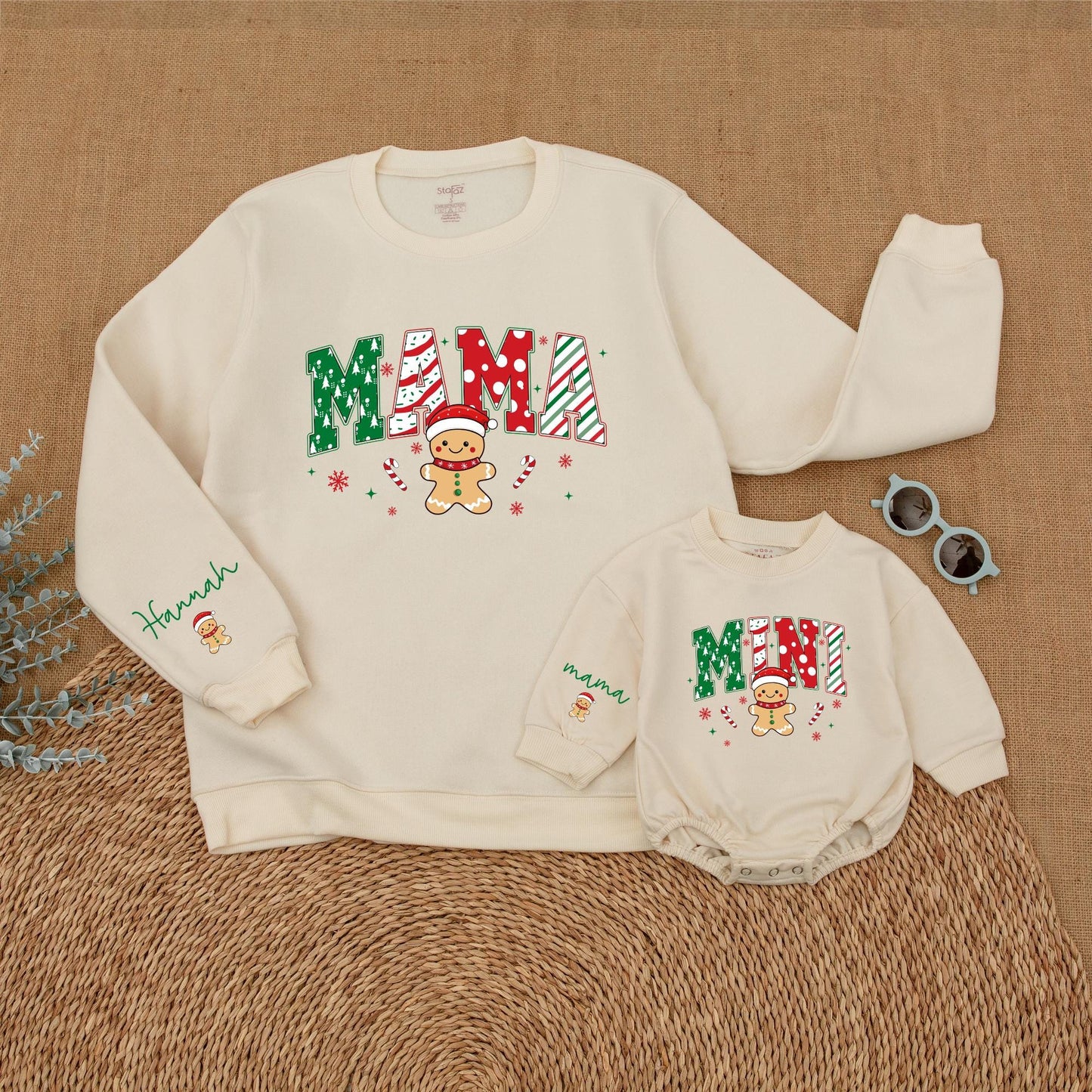 Personalized Mama Mini Christmas Sweatshirt Set, Festive Gingerbread Family Matching Sweaters, Custom Name Sleeve, Holiday Outfit, Cookie Theme (138 chars)