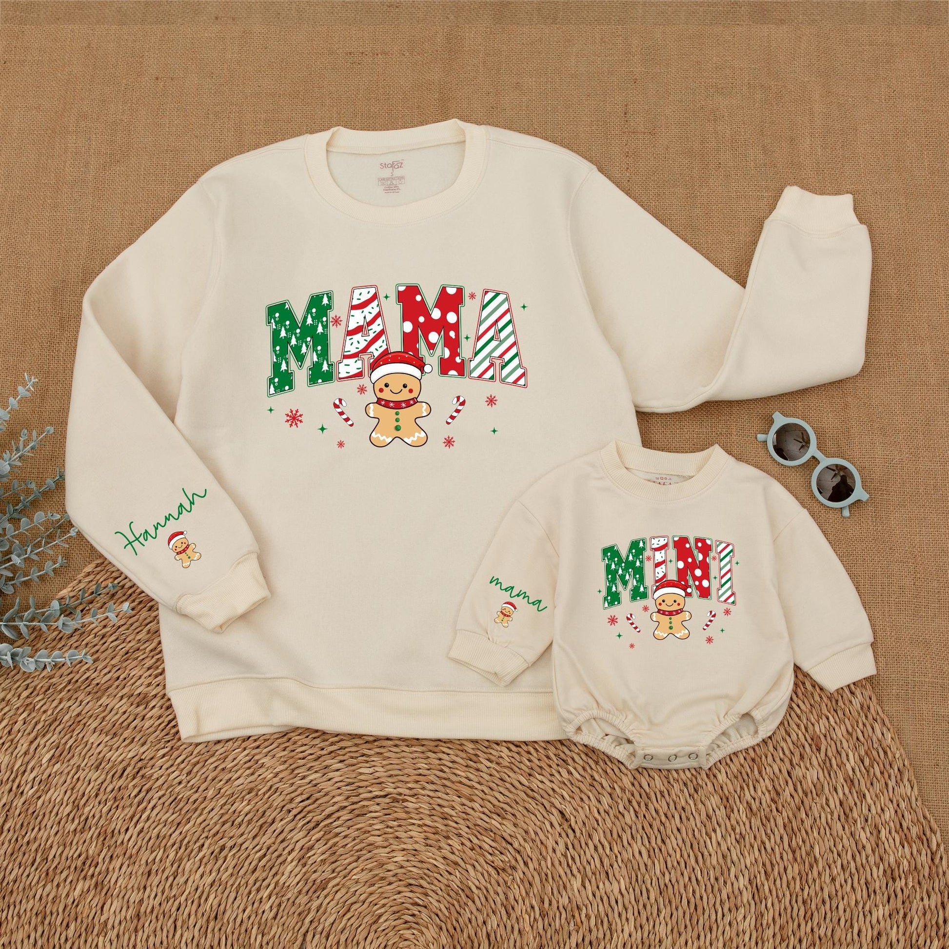 Personalized Mama Mini Christmas Sweatshirt Set, Festive Gingerbread Family Matching Sweaters, Custom Name Sleeve, Holiday Outfit, Cookie Theme (138 chars)