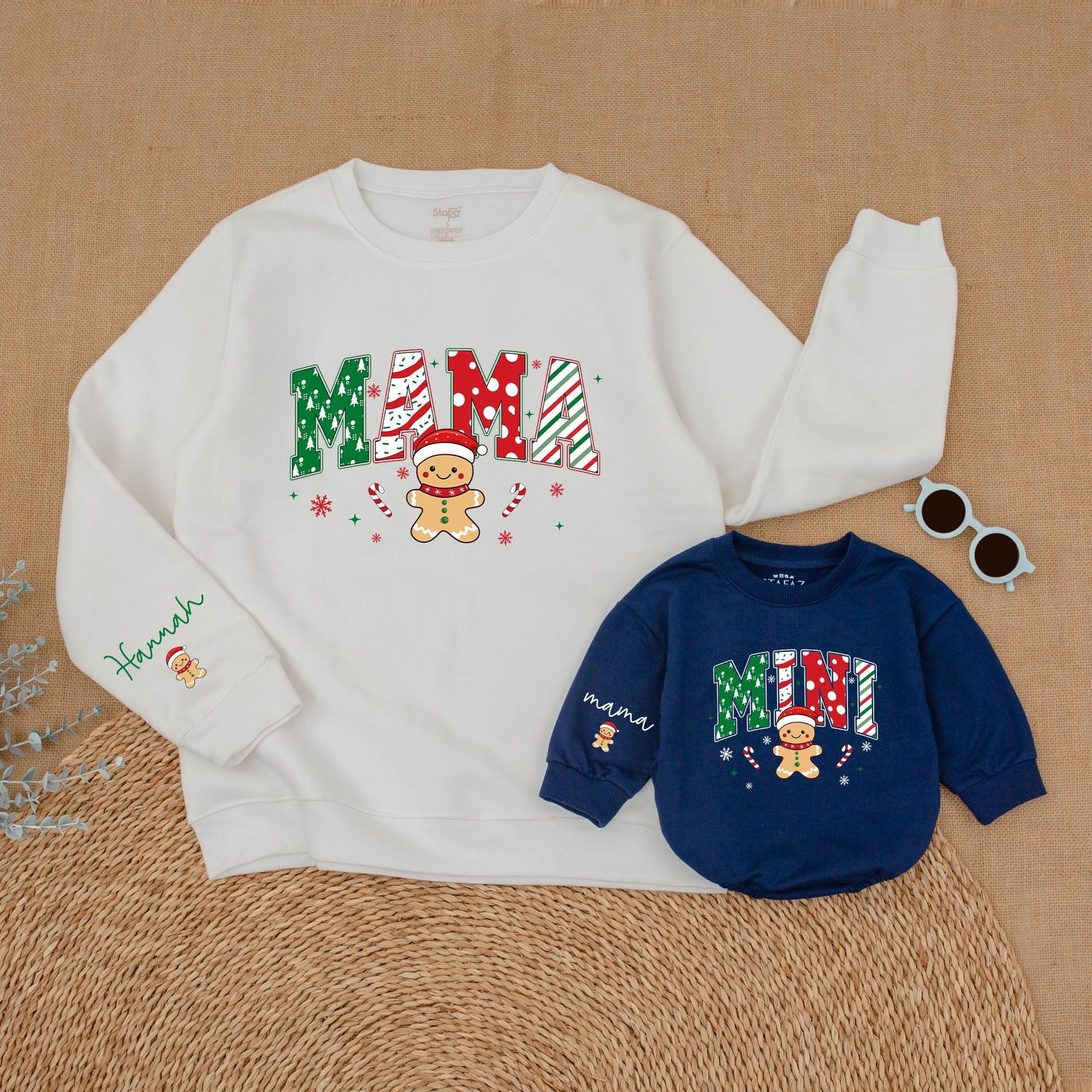 Personalized Mama Mini Christmas Sweatshirt Set, Festive Gingerbread Family Matching Sweaters, Custom Name Sleeve, Holiday Outfit, Cookie Theme (138 chars)